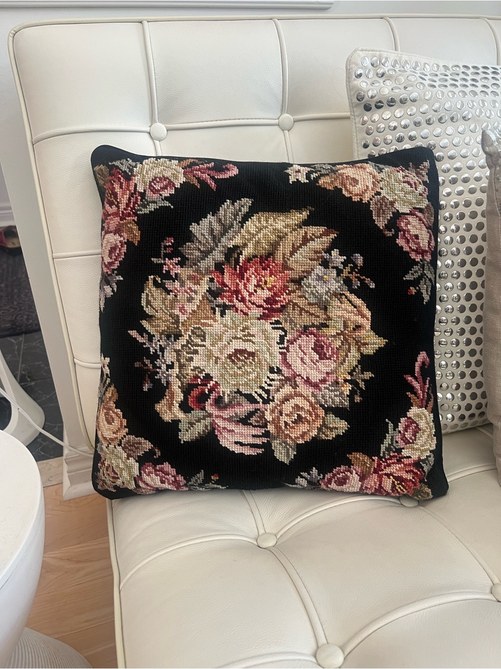 Vintage Black Floral Needlepoint Accent Pillow - Classic Rose Bouquet